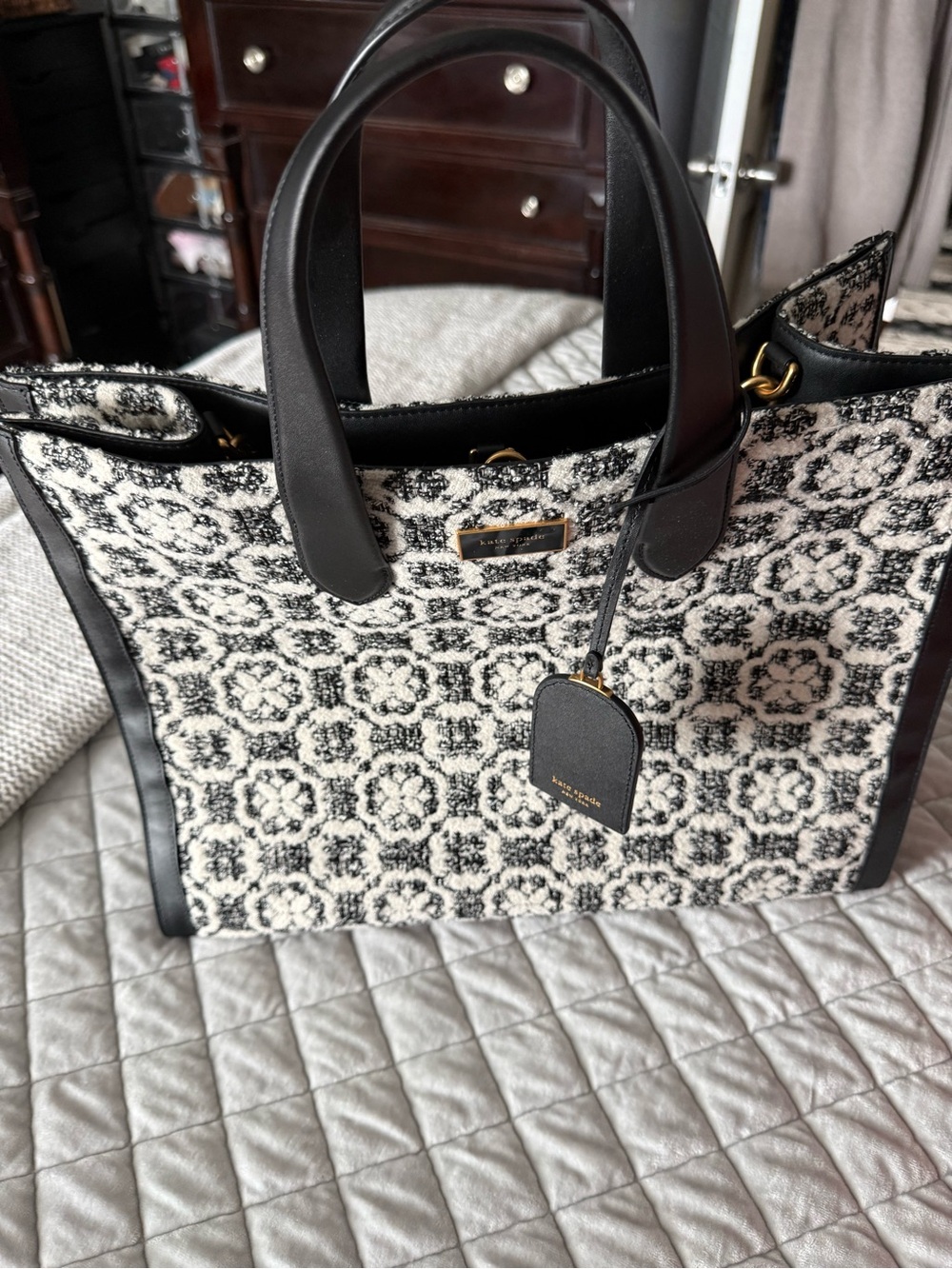 Kate spade Black manhattan tweed Patterned Tote with Leather Trim
